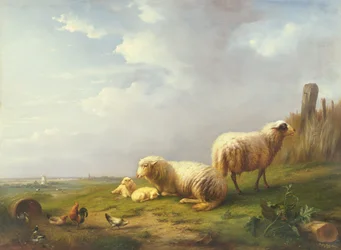 Ovejas y gallinas en un paisaje, siglo XIX